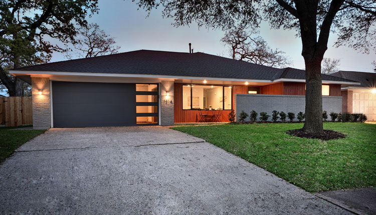 Exterior remodeled brick rancher mid-century style in Houston